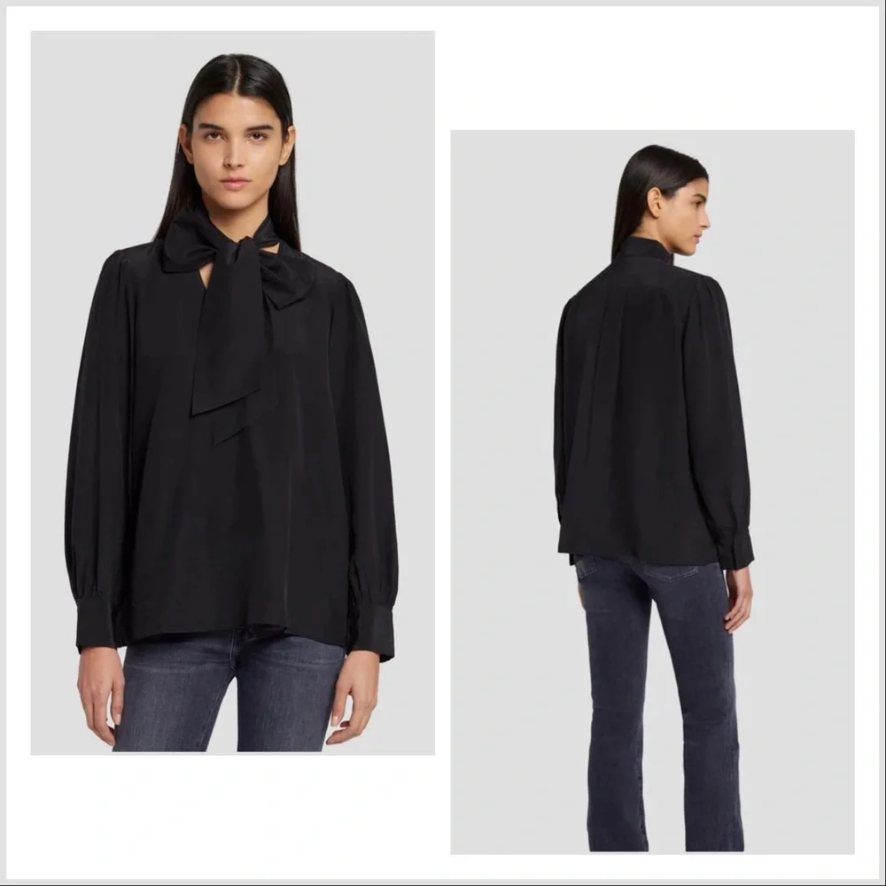 💕Beautiful Black Silk Relaxed Bow Blouse 7 For All Mankind💕 - Picture 1 of 5